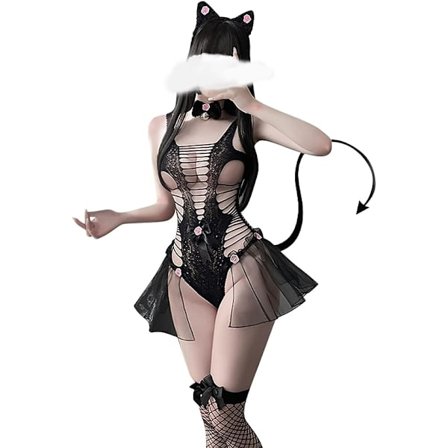 Kvinners Sexy Cat Lingerie Jumpsuit Sexy Mesh Bow Jumpsuit Underwe