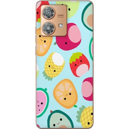 Yhteensopiva Puhelinkuori Motorola Edge 40 Neo Kawaii-hedelmien kuvioita, kuten mansikkaa, sitruunaa, ananasta ja avokadoa vaaleansinisellä taustalla