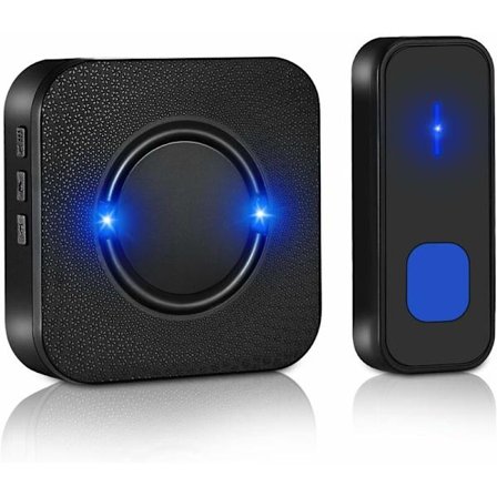 Trådløs dørklokke med 1 plug-in modtager, 300 m rækkevidde, IP55 vandtæt, 55 melodier, 5-niveau lydstyrke, LED-blink - Sort