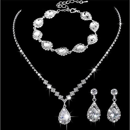 (silver) 3pcs Marie Marie Cristal Halsband Örhängen Set Silver Bröllop Halsband Choker Hänge Smycken för Kvinnor och Flickor