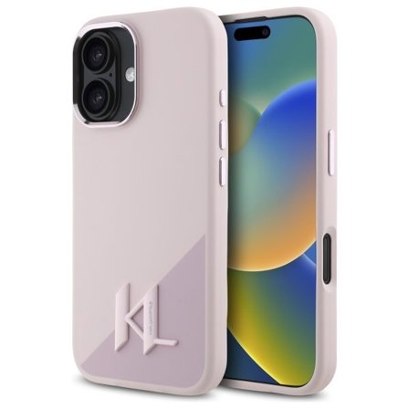 Karl Lagerfeld MagSafe iPhone 16-etui i silikon med metallskyggeinitialer - rosa