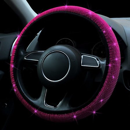 (Rosa) 38mm Universal Bilratt Skydd PU Läder Rhinestones Kristall Ratt Fodral Auto Interiör Dekor Bil Styling