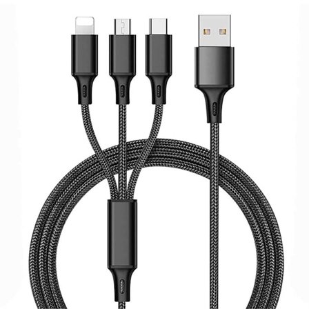 Universaali 3-in-1 Nylon-punottu USB-latauskaapeli, 4 jalkaa/1,2 m, 3A (IP + Type-C + Micro-USB) - Musta