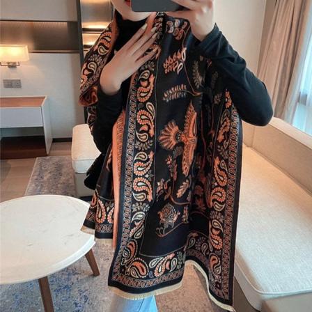 Sjal Yttermatch Damsommartupplur Filt Sofffilt Cashmere-liknande tofs Varm halsduk Black Orange 175cm