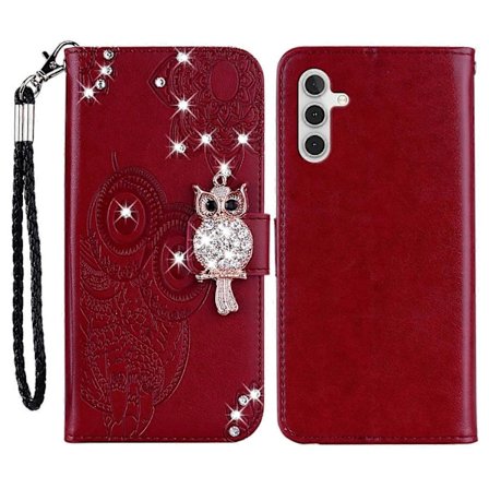 Samsung Galaxy A26 5G Lompakkokotelo Pöllö Kukka Kuvioitu Strassi Nahkakansi