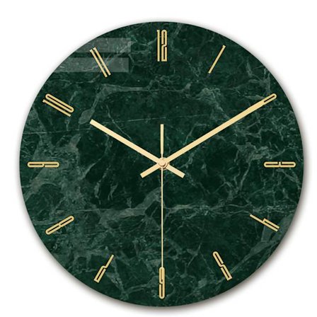 Akryl veggklokke med grønt marmortrykk og rundt glass