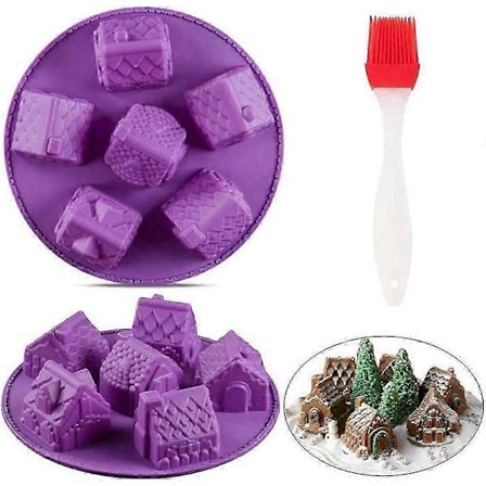 2 stk. 3D Jule-honningkagehus Silikonebageform, 6 hulrum Hyggeligt landsbyhus Silikone Muffin Kagebageform (Tilfældig farve)