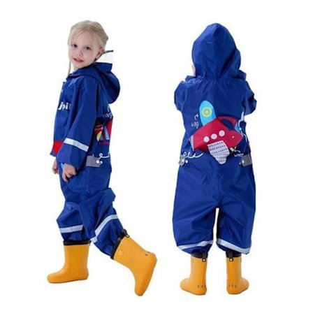 (XXL-Blå) Regndress for barn, gutter og jenter, vanntett regndress i ett stykke med design, regnjakker, regnponcho, alder 1-10