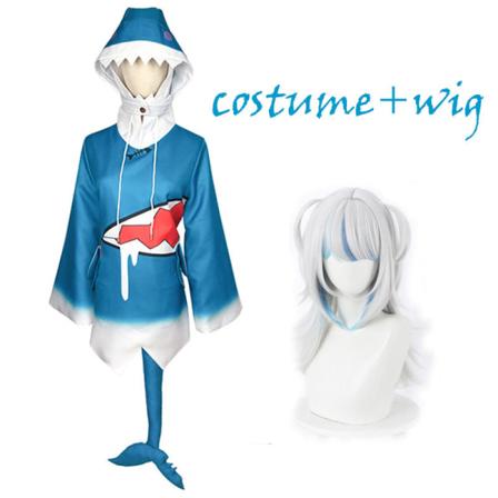 Hololive Gawr Gura Cosplay Costume Shark Hoodie Jacka Outfit med Fish Tail Hoodie Peruk Halloween kostymer för kvinnor Man Whole set S