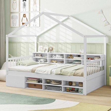 COSTWAY enkeltseng 90x200 cm med tag, 14 opbevaringskuber, garderobe med dør, børneseng med lamelbund