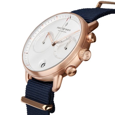 Nordgreen Men's Minimalistist Large Wrist Watch Watch - Rose Gold Case - White Face - Navy Nylon Watch Strap42mm Pioneer White Dial Chronograph
