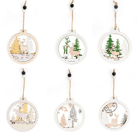 24 stk Trepynt Henger - Laserkuttet Juletrepynt Julekule med Treutskjæring og