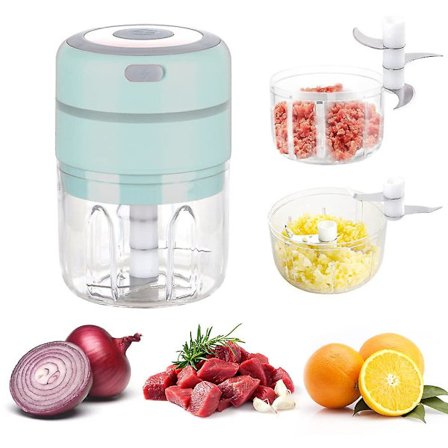 Mini Elektrisk Køkkenblender, USB Genopladelig Elektrisk Hakker, 250ml+100ml Dobbelt Kop Pesto Blender Til Hvidløg, Løg, Kød (blå)