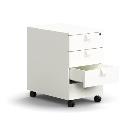 Skuffeelement med hjul QBUS, 4 skuffer inkl. greb, låsbar, hvid
