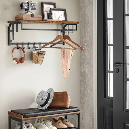 Väggmonterad klädhängare med hylla, 5 krokar och hängskena - Ru