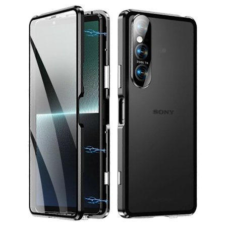 Magnetisk adsorptionsetui til Sony Xperia 1 V, metalramme, hærdet glas, PC-bagside, klart telefoncover