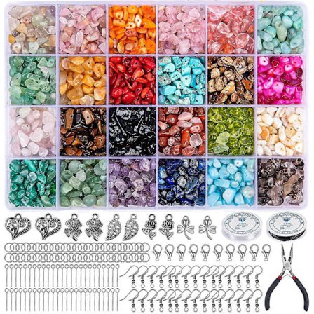 Smykkelagesett, 24 farger naturlige edelstensperler, 5-7 mm steinperler