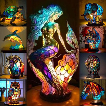 Farget dyr/plante Seri Es Farget bordlampe Nattlampe Vintage Resin Lampe Deco hest