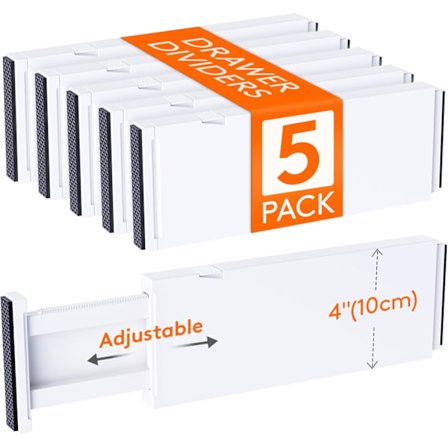 5-pakning skuffeavdelere i plast, 10 cm høye, 28-43 cm justerbare skuffeorganisatorer for organisering av klær, utvidbare kommodeavdelere.-XS7-