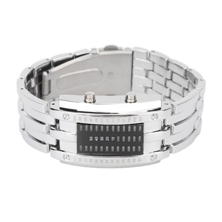 Binær LED-klokke Konveks Bue Vanntett Elektronisk Armbåndsur Sølv