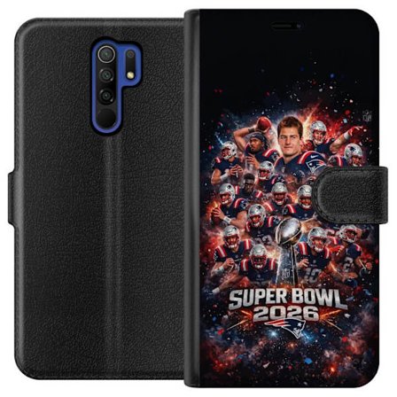 Yhteensopiva Lompakkokotelo Xiaomi Redmi 9 Super Bowl 2026 juliste, jossa New England Patriots ja NFL-mestaruuspalkinto räjähtävän urheilullisessa suu