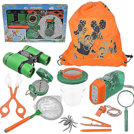 Ulkoilun Tutkijan Paketti & Hyönteisten Pyydystimen Sarja Kiikareilla, Taskulampulla, Kompassilla, Suurennuslasilla, Perhosverkolla Ja Reppulla 3-12 