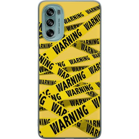 Yhteensopiva Puhelinkuori Motorola Moto G62 5G Keltainen varoituspanta, jossa teksti Warning, teolliseen tyyliin suunniteltu graafinen kuvio matkapuhe