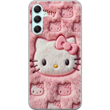 Yhteensopiva Puhelinkuori Samsung Galaxy A34 Hello Kitty vaaleanpunainen pörröinen tausta, jossa on ikoninen kasvot ja kawaii-esteettisyys