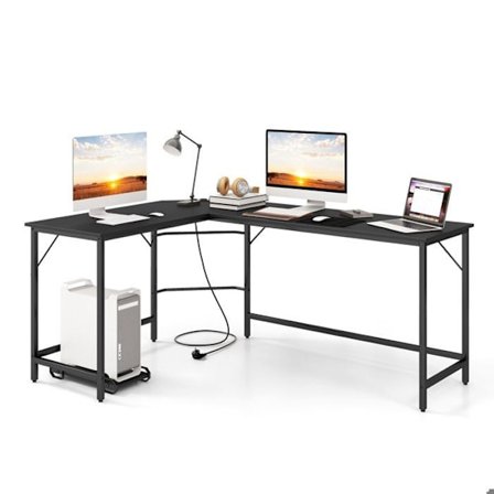 COSTWAY 168 x 125 cm Hjørneskrivebord med CPU-holder, 2 strømstik og USB & Type C-port, robust metalramme, sort