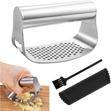 Hvitløkspresse i rustfritt stål – ergonomisk hvitløkspresse med skreller