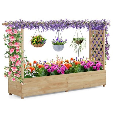 COSTWAY Trälåda i Furu med 2 Sidesnät, Hängande Tak för Klätterväxter, Dräneringshål, 200x44x114 cm