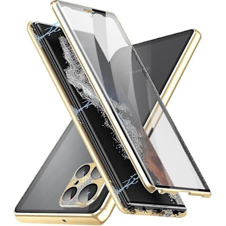 Magnetiskt fodral till Samsung S24 Ultra / S24 Plus / S24 Dubbelsidig härdat glas metall stötfångare med säkerhetslås, trådlös laddare