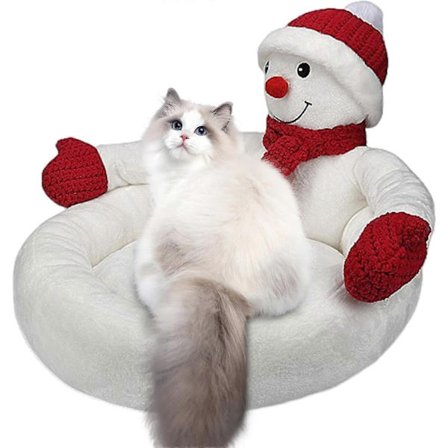 Julekattehus | Tegneserie Kreativ 3D Snømann Julekattesenger - Vaskbar Koselig Kjæledyr Katteseng, Sklisikker Bunn