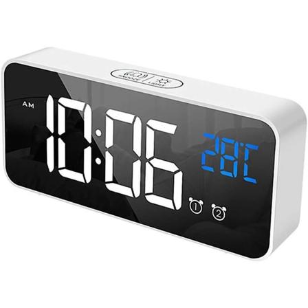 Led digitalt vækkeur, 2 alarmer, USB-opladningsport, 13 musik, snooze-funktion, akustisk sensor og berøringssensor, og temperaturdisplay, 4 lysstyrke