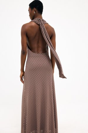 NA-KD Robe longue dos nu - Robe ras de cou - Marron/À pois - XL