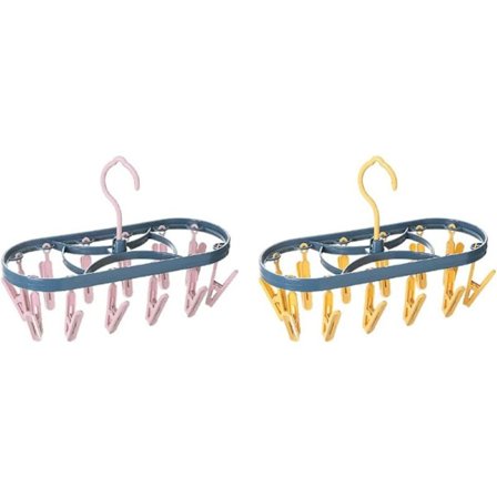 2-pak Plastik Tørrestativ Bøjler med 12 Klemmer, Bærbare til Undertøj, Sokker, BH'er, Trusser, Handsker, Indendørs og Udendørs