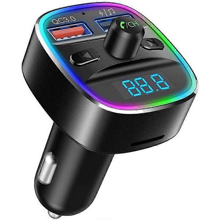 Nulaxy Bluetooth FM-sändare för bil, QC3.0 & 7 färger LED-bakgrundsbelyst bilradio Bluetooth-adapter Musikspelare Handsfree bilkit med SD-kortplats