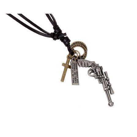 Halsband i läder med pistol i metall, kors och dekorationer
