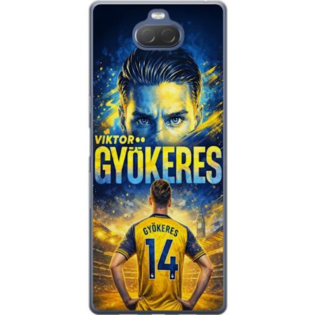 Yhteensopiva Puhelinkuori Sony Sony Xperia 10 Plus Viktor Gyökeres jalkapallojuliste keltaisella ja sinisellä värimaailmalla, dramaattinen stadiont