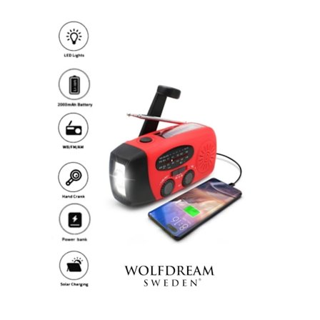Vevradio / Nödradio med Solceller, Ficklampa, 2000mAh Powerbank