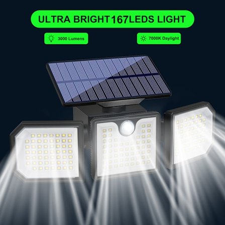 Solcellelys Udendørs med Bevægelsessensor, Solcelle Sikkerhedslygter Solcelle Overlygter IP65 Vandafvisende Solcelledrevet Spotlight 3 Justerbare 