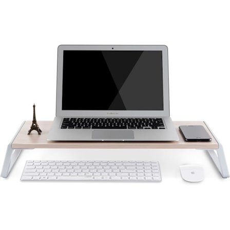 Multiskjermstativ med en solid 50,8 x 24 cm plattform og plassbesparende metallben med oppbevaring.