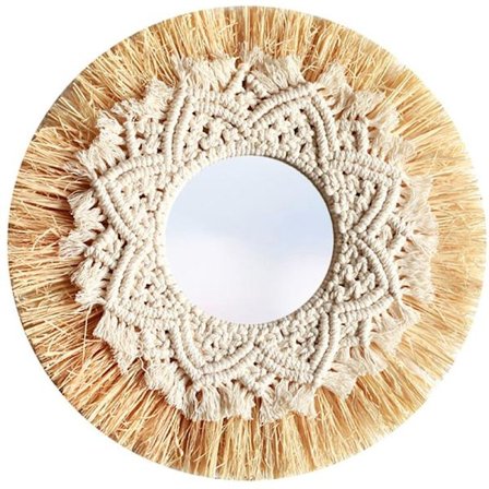 Nordisk halmvävda hotell Bed and Breakfast vägg Boho dekor spegel handvävd Macrame väggdekor dekorativ spegel
