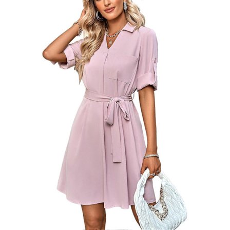Damekjole V-hals Nedfelt Krage Halv Erm Tie Waist Ren Farge Dame Casual Kjole med Lomme for Vår Sommer