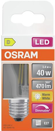 OSRAM Led Lyspære E27 Classic P40 470lm klar Dimbar Varmhvit