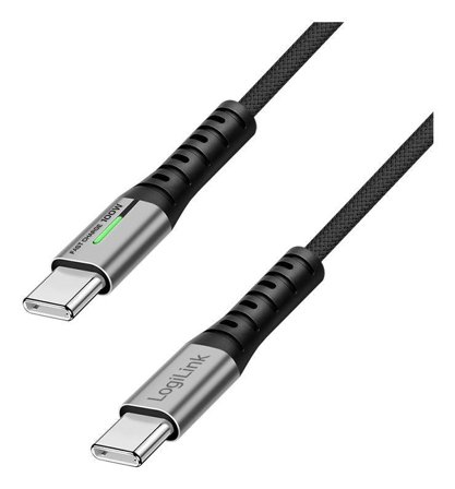LogiLink USB 3.2 Gen2x2 Type-C cable, C/M to C/M, 20Gbps, 100W, 4K, LED, metal,black,1 m
