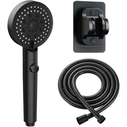 Duschhuvud med slang - Kraftfull vattenstråle med sex hastigheter - Booster-duschhuvud - Med 1,5 m slang och fäste - Ingen borrning krävs - 