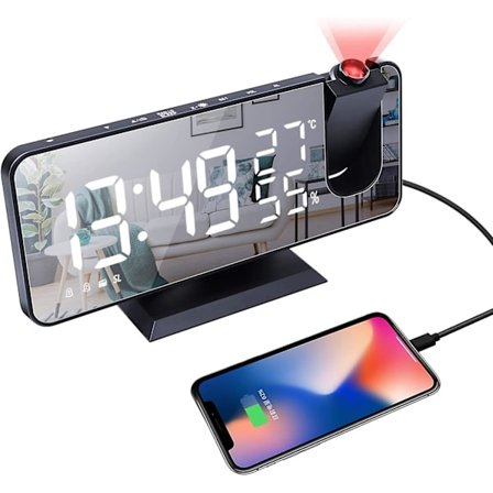 Projektor Digital Vekkerklokke For Soverom, Radio Vekkerklokke Med Projektor På Taket, Dobbel Alarm, USB Ladeport, Temperatur & Fuktighet Display