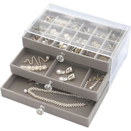 Smyckeskrin med 3 lådor, smyckesförvaringslåda för örhängen, armband, halsband och ringar