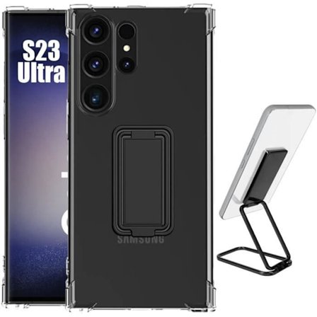 Cover til Samsung Galaxy S23 Ultra - Stødabsorberende - Ultra Slim - Transparent - Justerbar Støtte Metal Sort